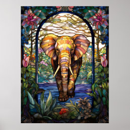 Poster Desenho de Janela de Vidro Colorido de Elefante