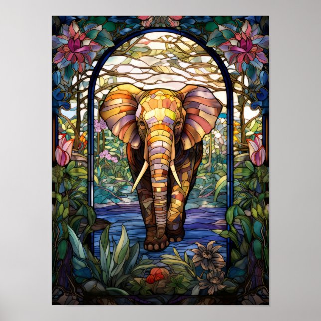 Poster Desenho de janela de vitral de elefante (Frente)