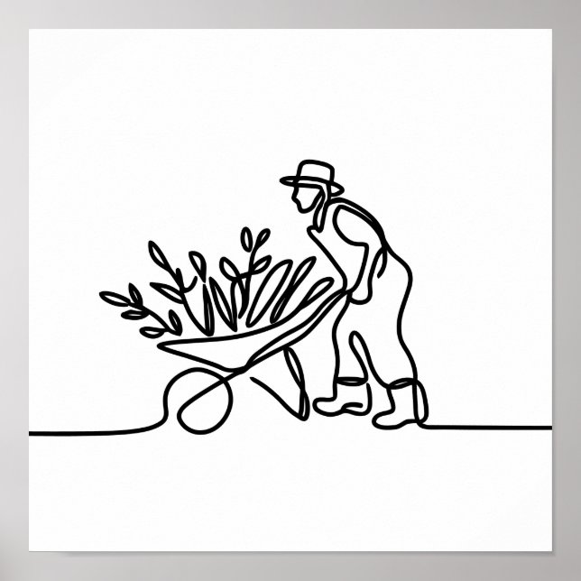 Poster desenho de linha de um agricultor ou jardineiro (Frente)