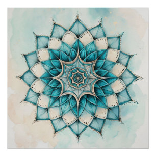 Pôster Desenho de Mandala Azul Claro