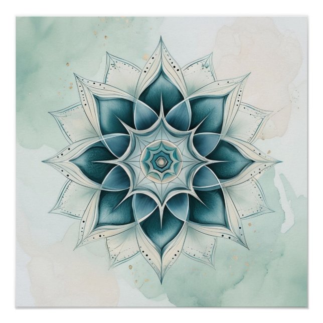 Pôster Desenho de Mandala Azul Turquesa (Frente)