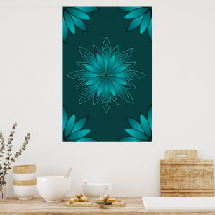 Poster Desenho de Mandala de Folha Verde-azulado em Ciano