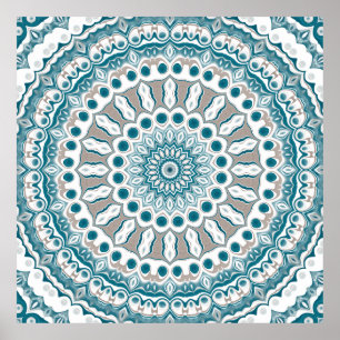 Poster Desenho de Mandala Radiante em Azul Turquesa e Cre