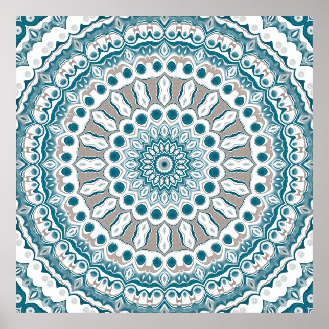 Poster Desenho de Mandala Radiante em Azul Turquesa e Cre (Frente)