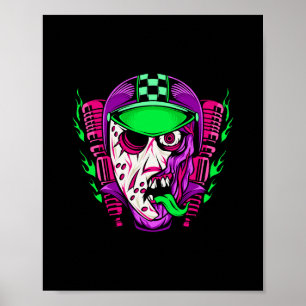Poster Desenho de motociclista zombie neon de terror