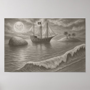 Poster Desenho de Navio Pirata ao Luar – Fantasia Náutica
