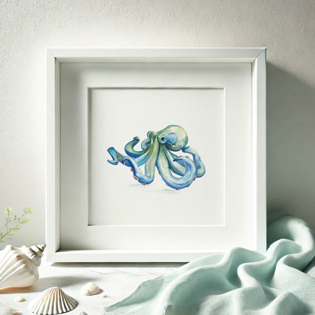 Poster Desenho de Octopus de Cor Azul (Watercolor octopus in shades of blue on a print by Victoria Grigaliunas of Do Tell A Belle)