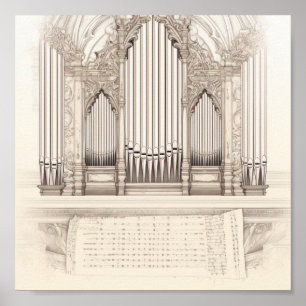 Poster Desenho de Órgão de Tubos Vintage e Partitura Anti