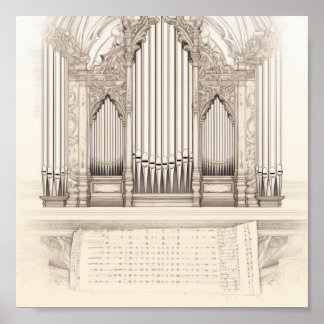 Poster Desenho de Órgão de Tubos Vintage e Partitura Anti