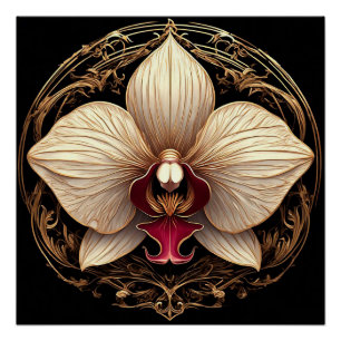 Pôster Desenho de Orquídea Dourada Elegante