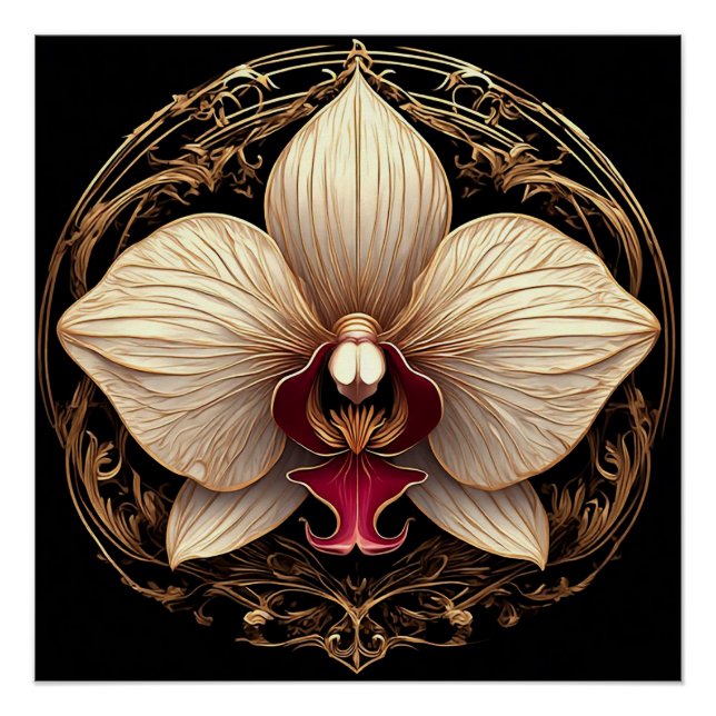 Pôster Desenho de Orquídea Dourada Elegante (Frente)