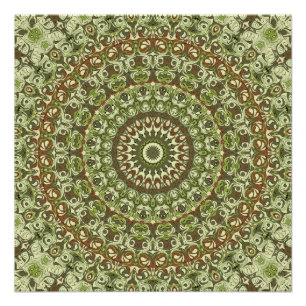 Pôster Desenho de Padrão de Mandala Verde Terroso e Marro