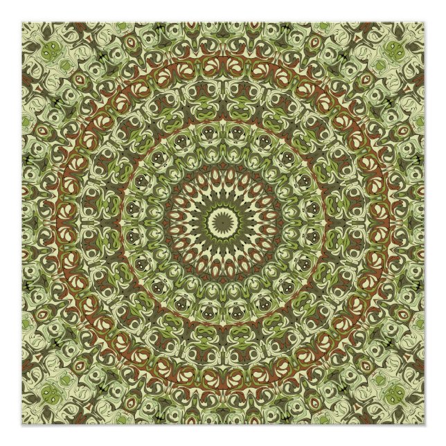 Pôster Desenho de Padrão de Mandala Verde Terroso e Marro (Frente)