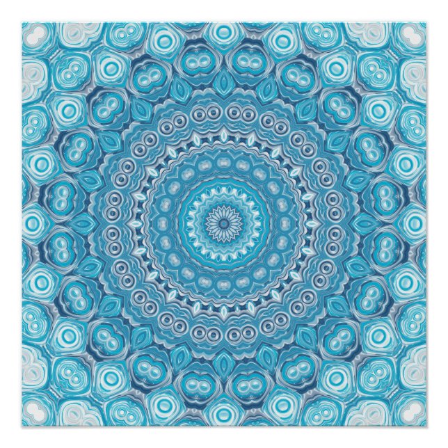 Pôster Desenho de Padrão Mandala Azul e Branco (Frente)