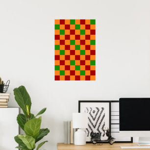Poster Desenho de padrão xadrez laranja vermelho verde