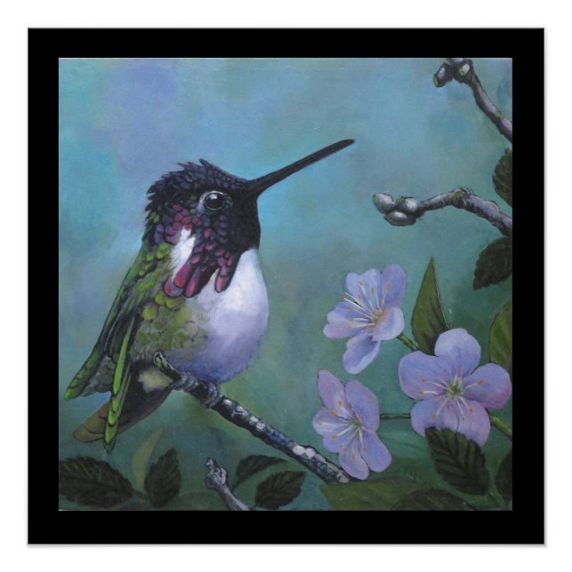 Pôster Desenho de parede de beija-flor fofo ramo de flore (Frente)