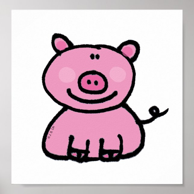 Pôster Desenho de Porco Rosa Fofo (Frente)