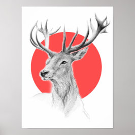 Pôster Desenho de retrato de veado Círculo vermelho Arte
