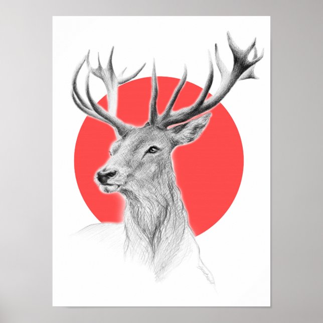 Pôster Desenho de retrato de veado Círculo vermelho Arte  (Frente)