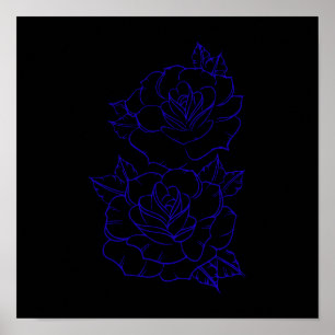 Poster Desenho de tatuagem de rosa azul dupla em arte lin