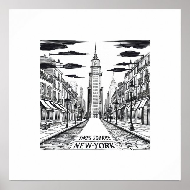 Poster desenho de tinta digital de época da rua quadrada  (Frente)
