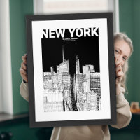 Desenho de Viagem do Skyline NYC preto e branco mi