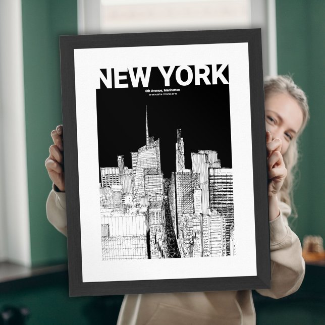 Poster Desenho de Viagem do Skyline NYC preto e branco mi (New York City Skyline Black White Sketch Wall Art)