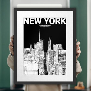 Poster Desenho de Viagem do Skyline NYC preto e branco mo