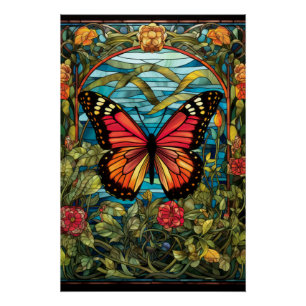 Pôster Desenho de Vitral da Borboleta Monarca