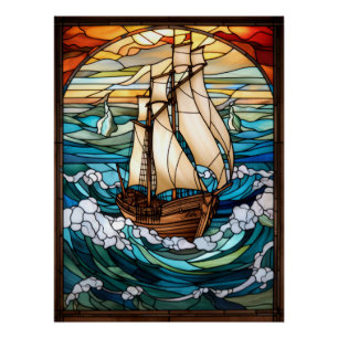 Pôster Desenho de vitral de navio alto