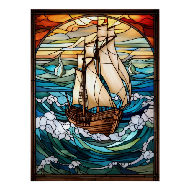 Pôster Desenho de vitral de navio alto (Frente)