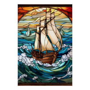 Pôster Desenho de Vitral de Navio Alto
