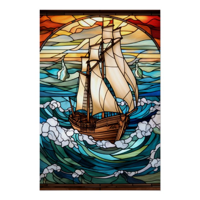 Pôster Desenho de Vitral de Navio Alto (Frente)