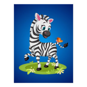 Pôster Desenho de Zebra Bebê Brincando com Borboleta