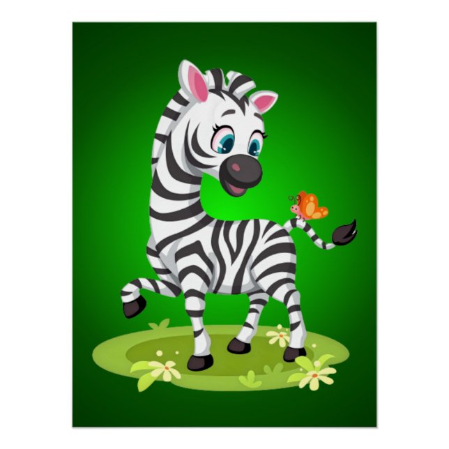 Pôster Desenho de Zebra Bebê Brincando com Borboleta (Frente)