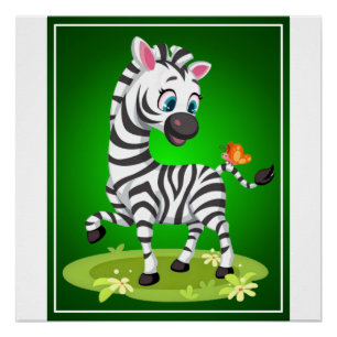 Pôster Desenho de Zebra Bebê Brincando com Borboleta