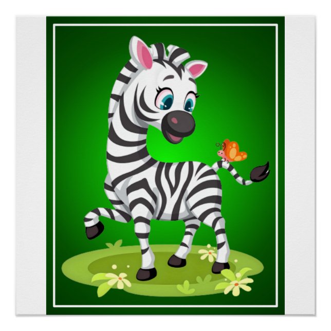 Pôster Desenho de Zebra Bebê Brincando com Borboleta (Frente)