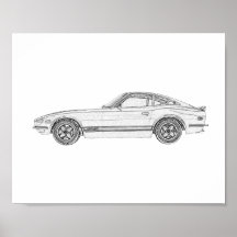 Desenho do Nissan S30, preto e branco, Datsun 240Z