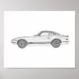 Pôster Desenho do Nissan S30, preto e branco, Datsun 240Z