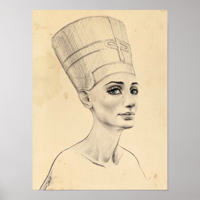 Pôster desenho do retrato de Nefertiti no papiro do Antig (Frente)