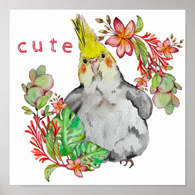 Poster Desenho em aquarela de um papagaio engraçado em fl (Frente)