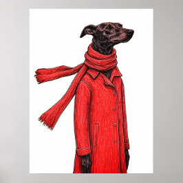 Poster Desenho Estilizado de Galgo com Casaco Vintage Ver