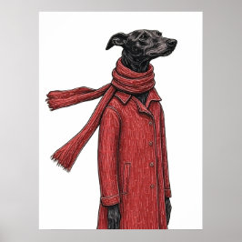 Poster Desenho Estilizado de Galgo com Casaco Vintage Ver