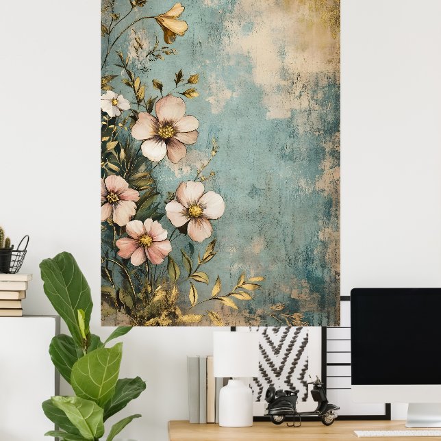 Poster Desenho floral antigo com uma aparência texturizad (Escritório em casa)