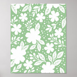 Poster Desenho Floral Branco em um Fundo Verde Suave