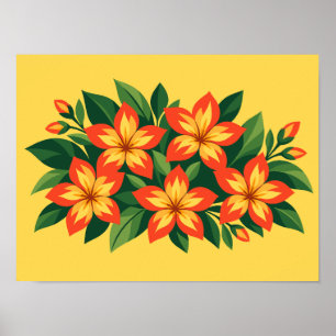Poster Desenho Floral Laranja com Folhas Verdes