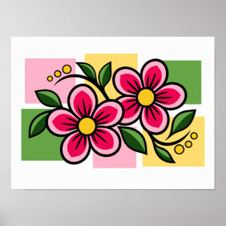 Poster Desenho Floral Rosa com Folhas Verdes