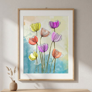Poster Desenho Floral Vibrante em Aquarela com Linhas Fin