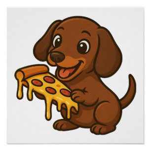 Pôster Desenho fofo de dachshund amante de pizza pizza ca