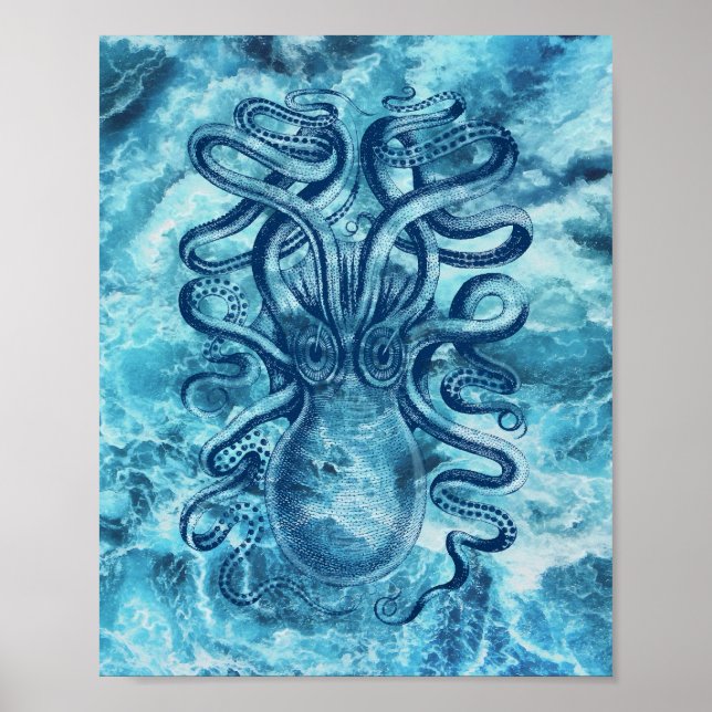 Poster Desenho Gráfico de Ondas e Octopus do Mar Azul (Frente)